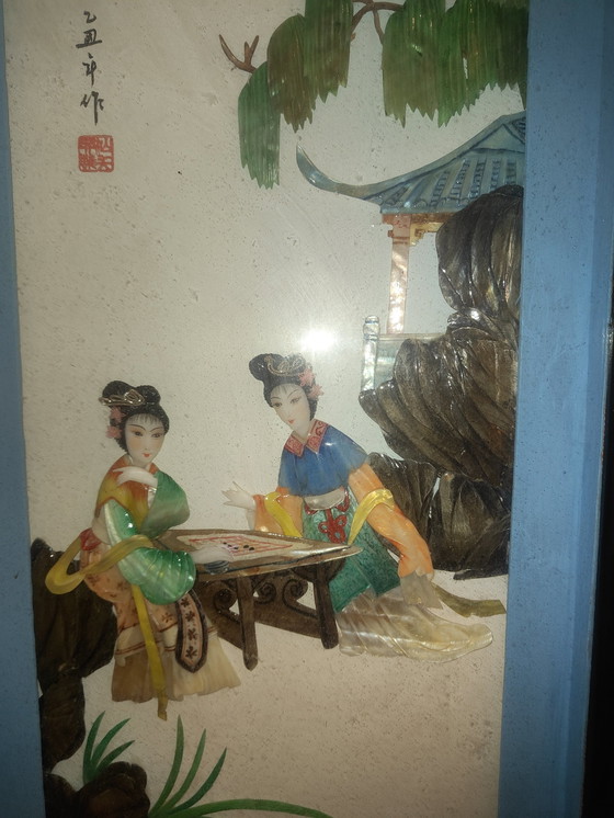 Image 1 of Antiek Chinees Schilderij Reliëf en Parelmoer