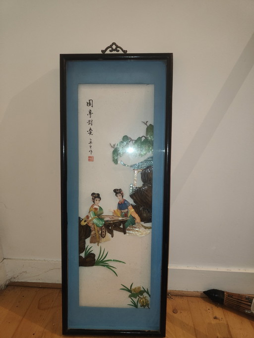 Antiek Chinees Schilderij Reliëf en Parelmoer