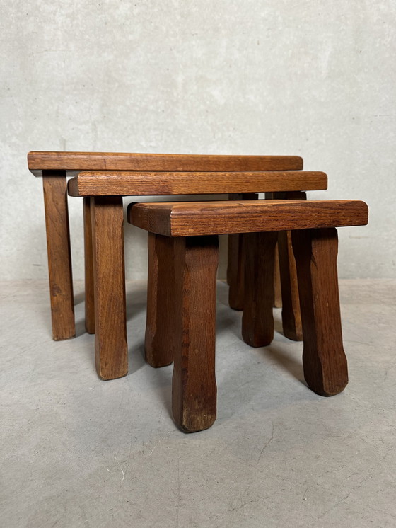 Image 1 of 3X Brutalist Nesting Tables - Oak