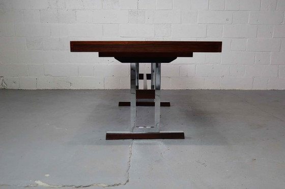 Image 1 of Minimalist Dining Table In Indian Rosewood And Chrome By 'Meubelfabriek Aurora' 1967