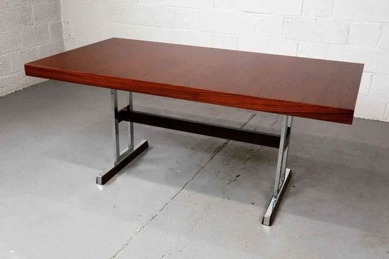 Image 1 of Minimalist Dining Table In Indian Rosewood And Chrome By 'Meubelfabriek Aurora' 1967