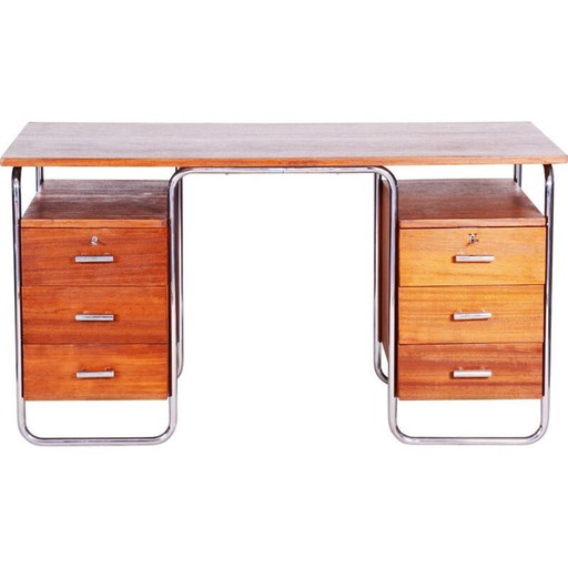 Vintage chroomstaal en mahoniehouten bureau van Robert Slezak, Tsjechië 1930