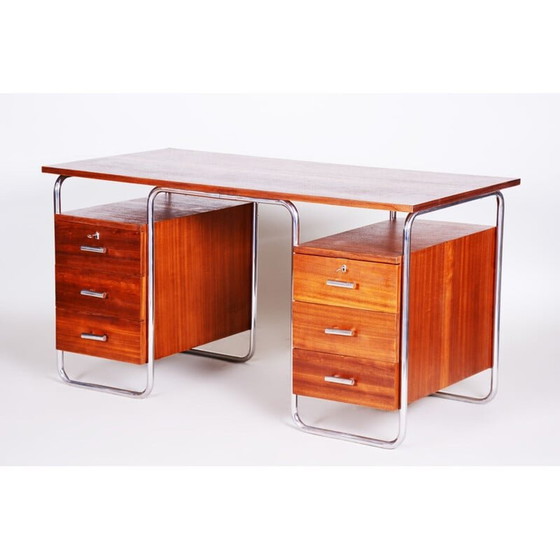 Image 1 of Vintage chroomstaal en mahoniehouten bureau van Robert Slezak, Tsjechië 1930