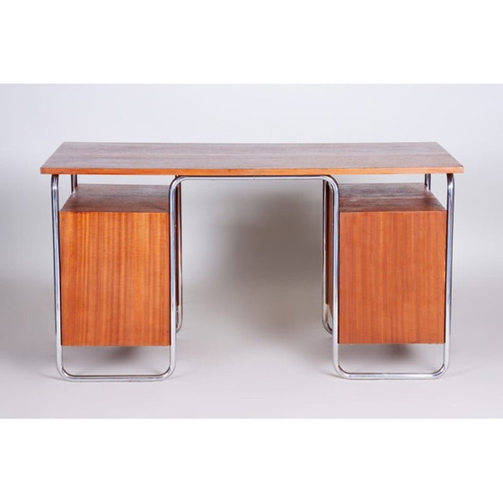 Image 1 of Vintage chroomstaal en mahoniehouten bureau van Robert Slezak, Tsjechië 1930