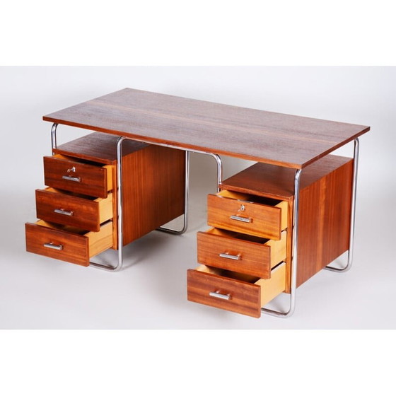Image 1 of Vintage chroomstaal en mahoniehouten bureau van Robert Slezak, Tsjechië 1930
