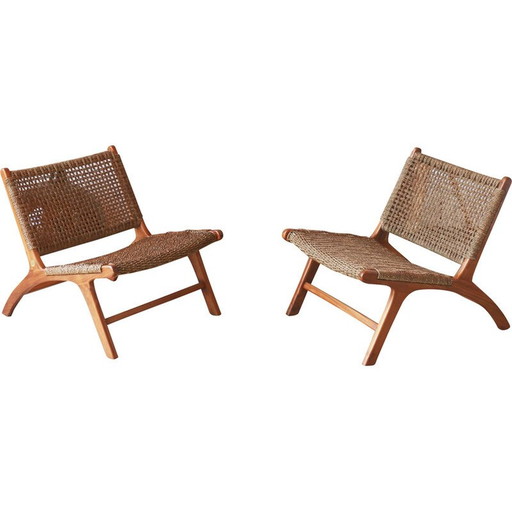 Paar vintage "Los Angeles" fauteuils in teak en waterhyacint van Olivier de Schrijver