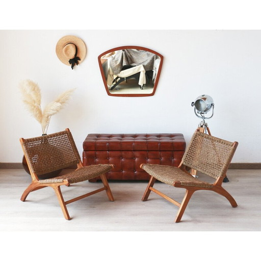 Paar vintage "Los Angeles" fauteuils in teak en waterhyacint van Olivier de Schrijver