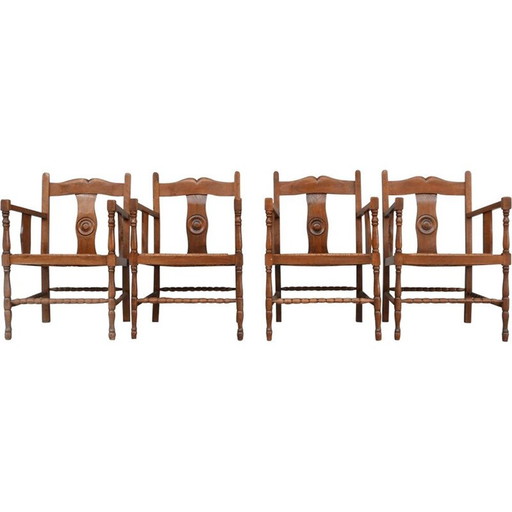 Paar vintage fauteuils in biezen en eikenhout, Frankrijk 1950