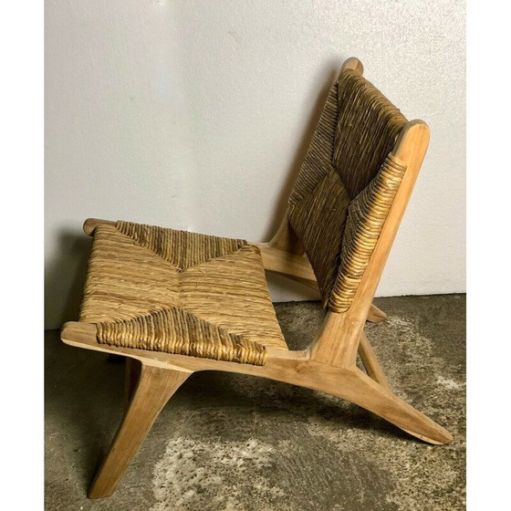 Image 1 of Vintage lage fauteuil in ruw teakhout en stro