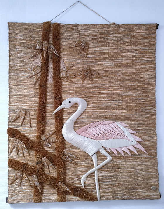 Image 1 of Jute wandkleed 70's vogel en gebladerte ontwerp