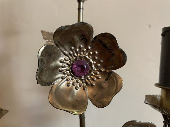 Image 1 of Frivole Schemerlamp Tafellamp Met Bloemen En Kralen Messing Frans