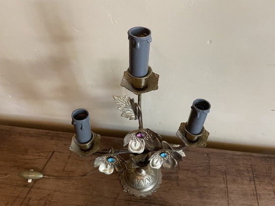 Image 1 of Frivole Schemerlamp Tafellamp Met Bloemen En Kralen Messing Frans