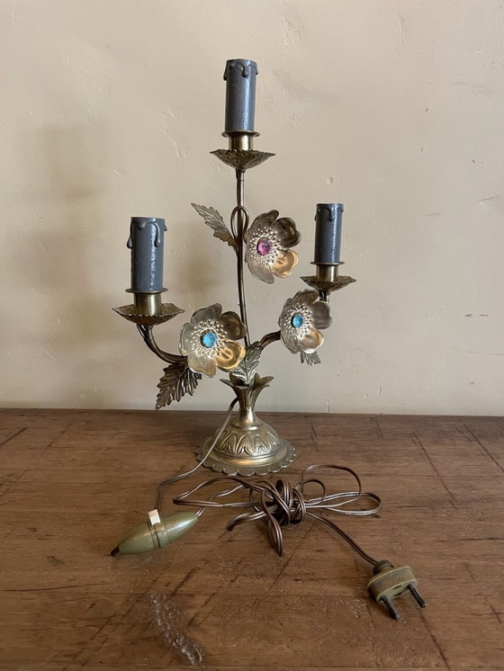 Image 1 of Frivole Schemerlamp Tafellamp Met Bloemen En Kralen Messing Frans