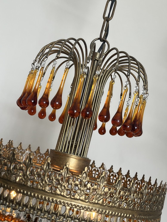 Image 1 of Prachtige Italiaanse opaliserende Hollywood jaren 20 hanglamp met transparante kralen en rookglas kristallen staafjes. Fantastis