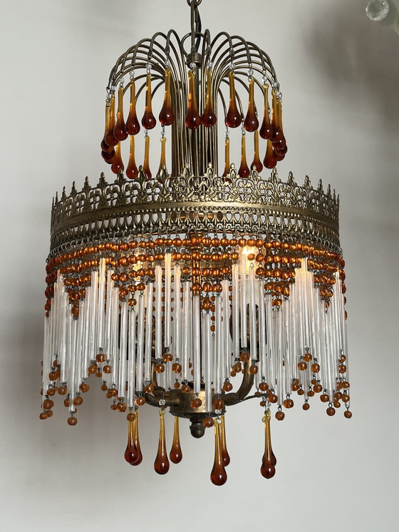 Image 1 of Prachtige Italiaanse opaliserende Hollywood jaren 20 hanglamp met transparante kralen en rookglas kristallen staafjes. Fantastis