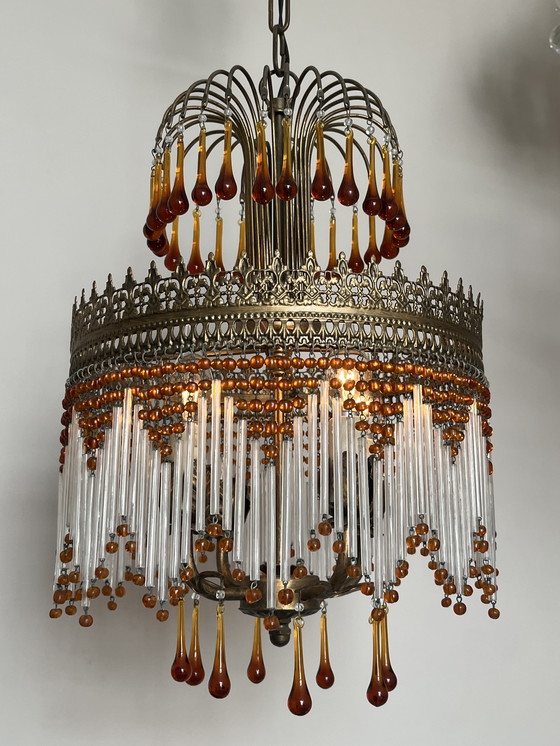 Image 1 of Prachtige Italiaanse opaliserende Hollywood jaren 20 hanglamp met transparante kralen en rookglas kristallen staafjes. Fantastis