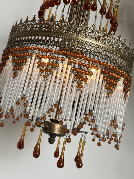 Image 1 of Prachtige Italiaanse opaliserende Hollywood jaren 20 hanglamp met transparante kralen en rookglas kristallen staafjes. Fantastis