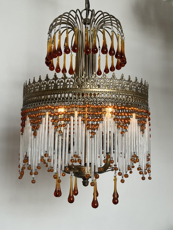 Image 1 of Prachtige Italiaanse opaliserende Hollywood jaren 20 hanglamp met transparante kralen en rookglas kristallen staafjes. Fantastis