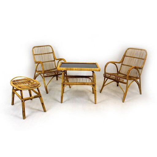 Vintage rotan woonkamer set, Tsjecho-Slowakije 1960