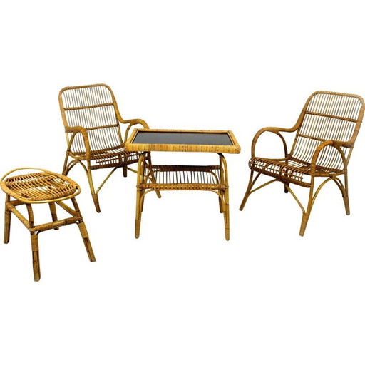 Vintage rotan woonkamer set, Tsjecho-Slowakije 1960