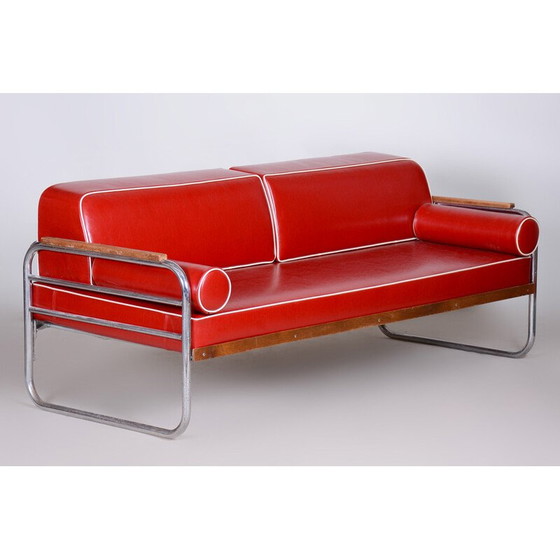 Image 1 of Vintage rood lederen Bauhaus bank van Thonet, jaren 1930