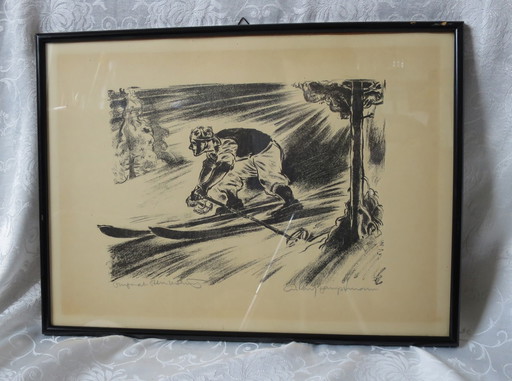 Expressionistische steentekening Litho van een skiër