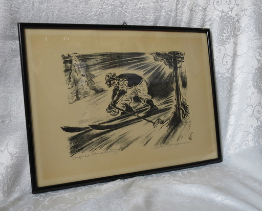 Expressionistische steentekening Litho van een skiër