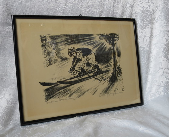 Image 1 of Expressionistische steentekening Litho van een skiër