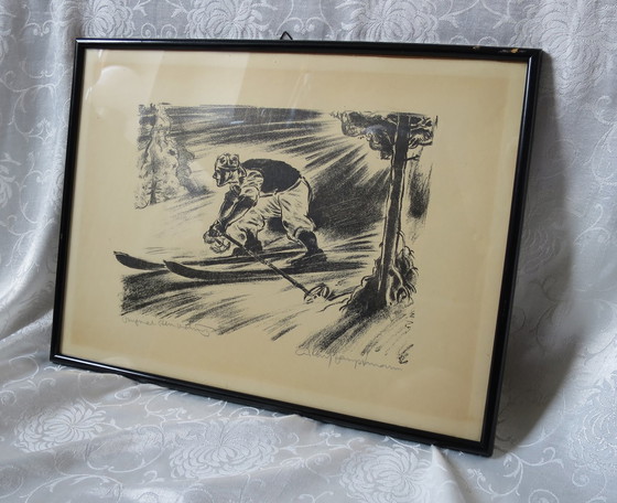 Image 1 of Expressionistische steentekening Litho van een skiër