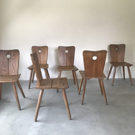 Image 1 of Set van 6 vintage massief houten stoelen, 1950