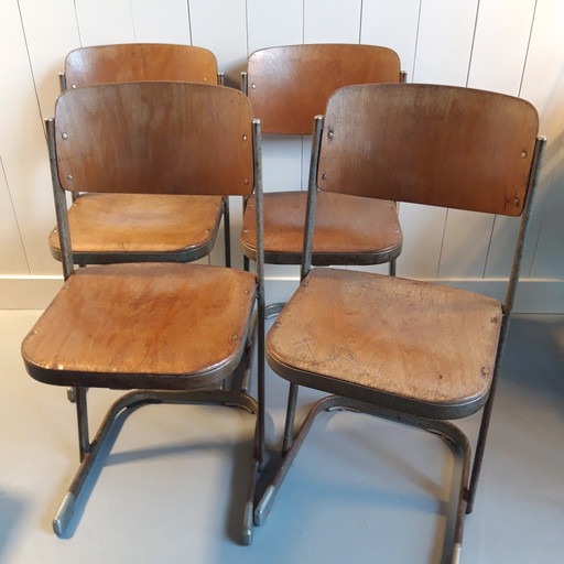 4 X Vintage Schoolstoelen Van 1940