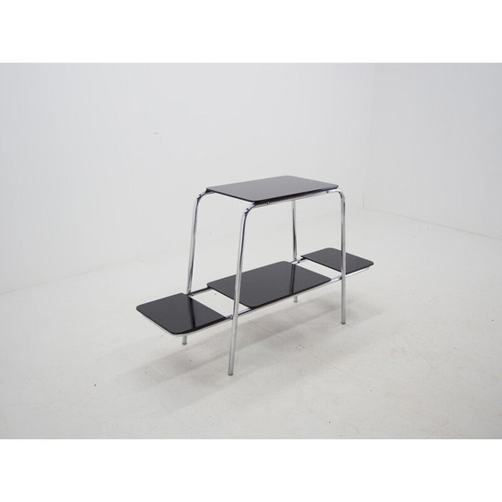 Image 1 of Vintage Bauhaus chromen bloem bijzettafel, standaard, etagère, met opaxiet glas, jaren 1930