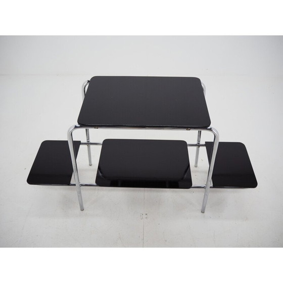Image 1 of Vintage Bauhaus chromen bloem bijzettafel, standaard, etagère, met opaxiet glas, jaren 1930