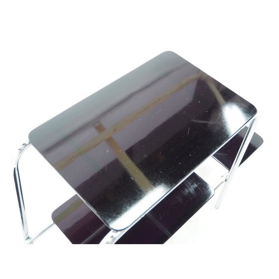 Image 1 of Vintage Bauhaus chromen bloem bijzettafel, standaard, etagère, met opaxiet glas, jaren 1930