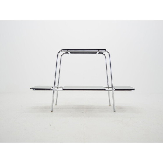 Image 1 of Vintage Bauhaus chromen bloem bijzettafel, standaard, etagère, met opaxiet glas, jaren 1930