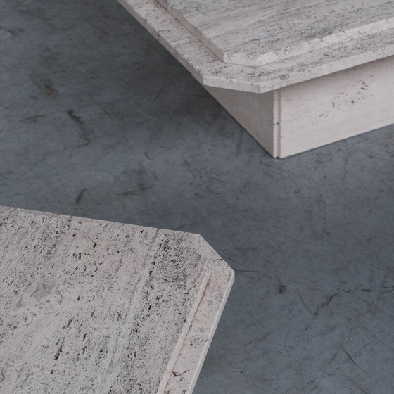 Image 1 of Vintage travertijnen salontafel en 2 bijzettafels, België 1970