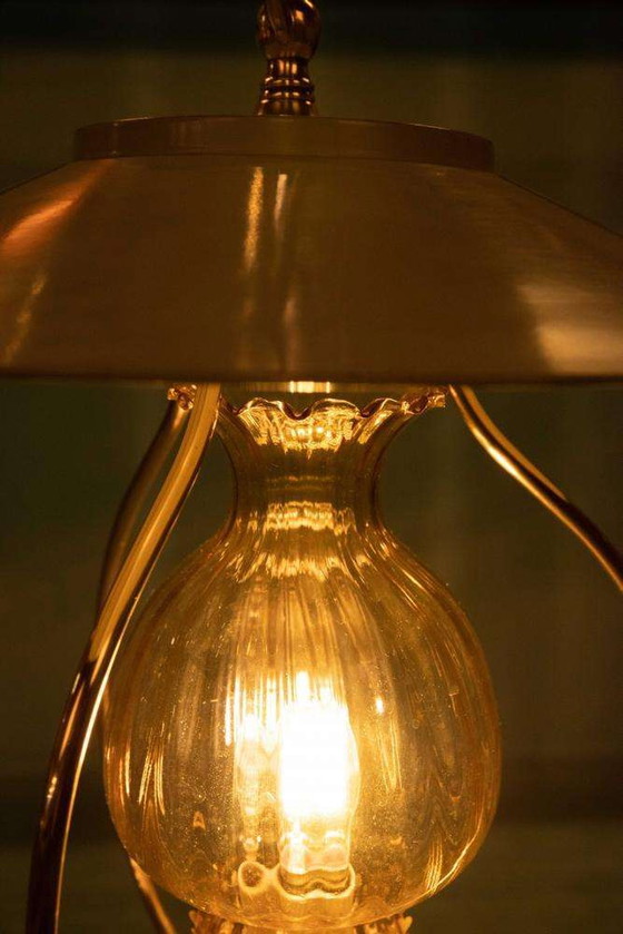 Image 1 of Vintage jaren 50 hanglamp glas en messing, lantaarn hallamp