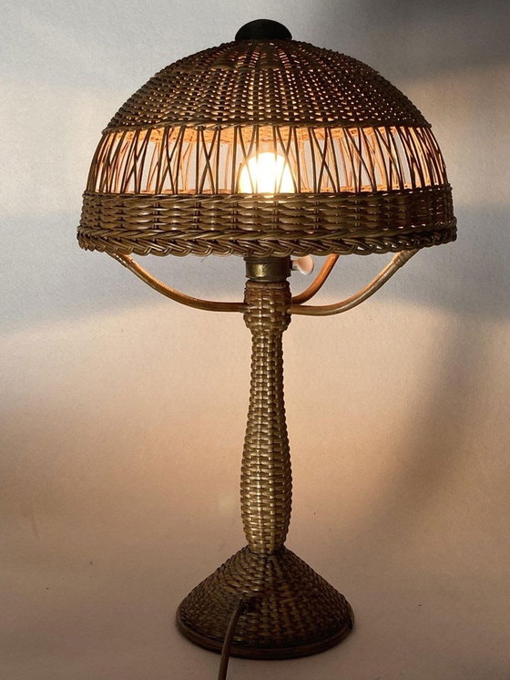 Image 1 of Art Deco rotan en rieten paddestoel tafellamp, 1930S