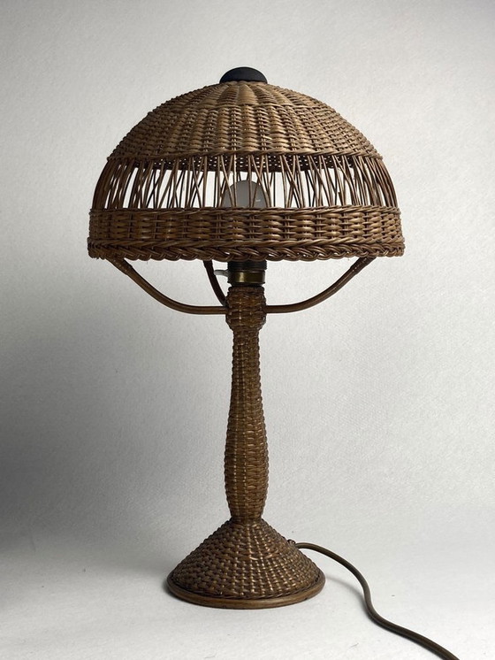 Image 1 of Art Deco rotan en rieten paddestoel tafellamp, 1930S