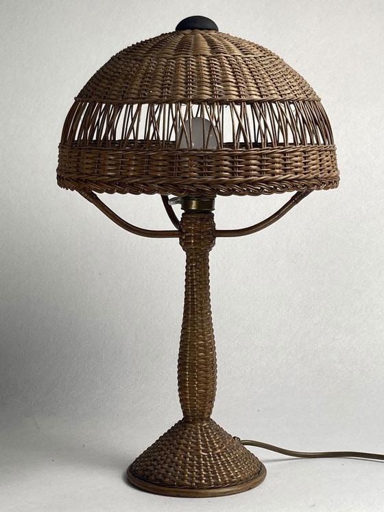 Image 1 of Art Deco rotan en rieten paddestoel tafellamp, 1930S