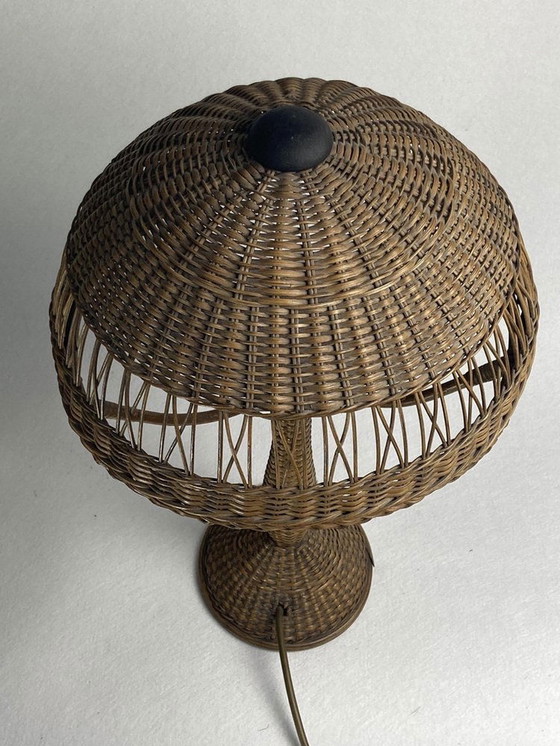 Image 1 of Art Deco rotan en rieten paddestoel tafellamp, 1930S