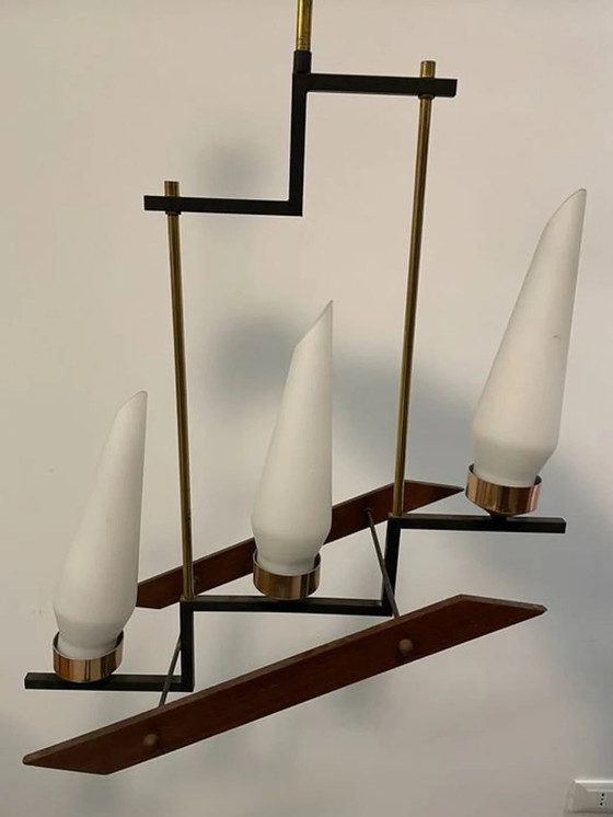 Image 1 of Plafondlamp, Mid Century Modern, Scandinavische Art Deco, Teakhout, Messing, Koper, Opaline Glas, Zeer Zeldzaam