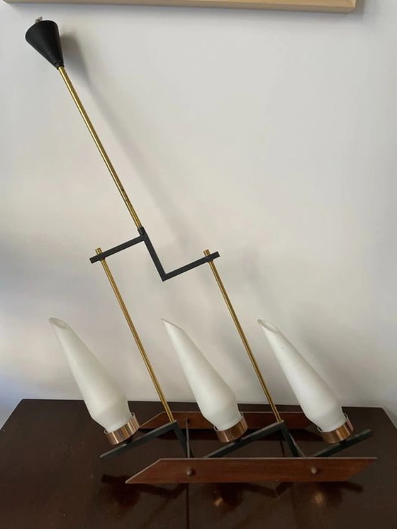 Image 1 of Plafondlamp, Mid Century Modern, Scandinavische Art Deco, Teakhout, Messing, Koper, Opaline Glas, Zeer Zeldzaam