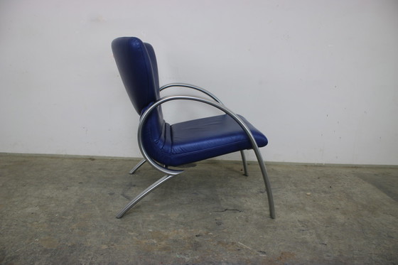 Image 1 of Elegante Rolf Benz aluminium fauteuil echt leer blauw eenpersoons stoel