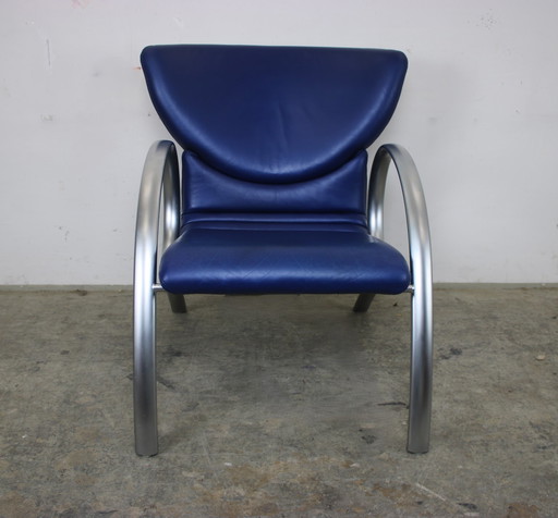 Elegante Rolf Benz aluminium fauteuil echt leer blauw eenpersoons stoel