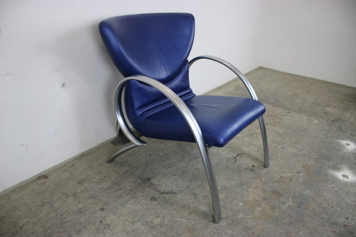 Elegante Rolf Benz aluminium fauteuil echt leer blauw eenpersoons stoel