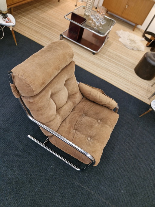 Vintage Buisframe Fauteuil Bruin Ribstof 70S