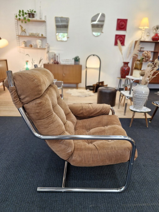 Vintage Buisframe Fauteuil Bruin Ribstof 70S