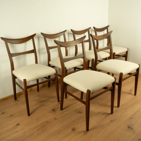 Image 1 of 6x Cowhorn Stoelen: Donker gebeitst essen met lichtbeige bekleding, 1960