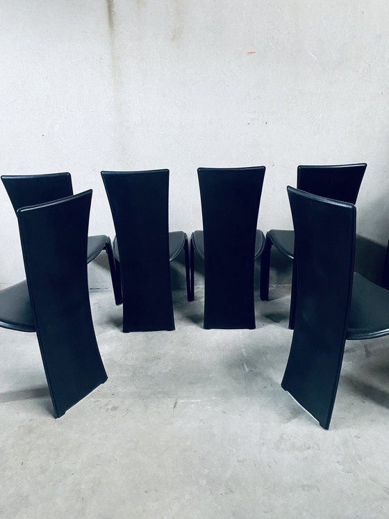 Image 1 of 6 X Zwart Leren Tripot Eetkamerstoelen Pietro Costantini Italiaans Design 1980